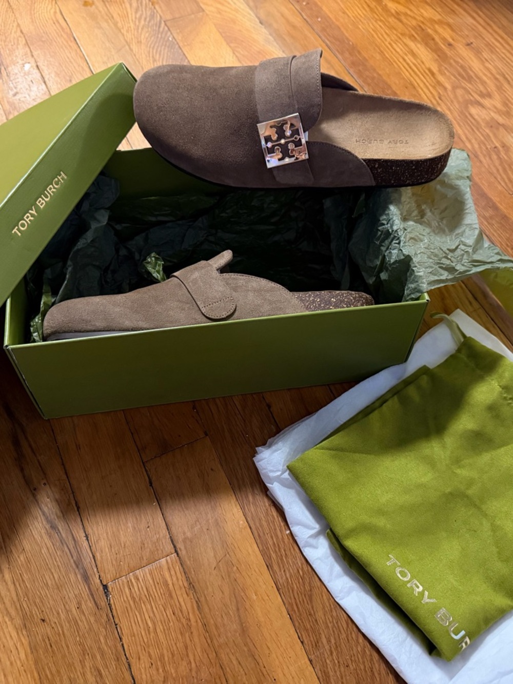 Tory Burch Taupe Suede Slip-On Clogs with Logo Accent